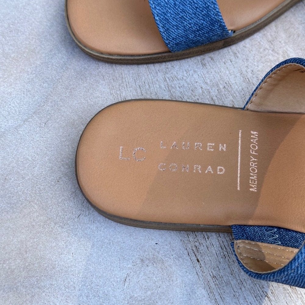Lauren Conrad LC Womens Slide Sandals Size 8 Blue Denim Double Strap Flat Slides - Picture 6 of 13